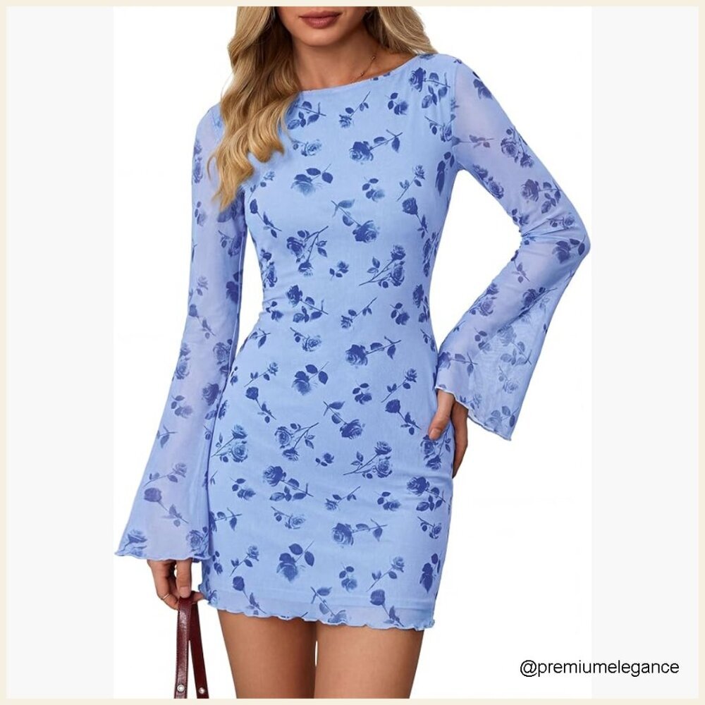 Long Sleeve Mesh Bodycon Mini Dress Floral Print Fall Party Night Out